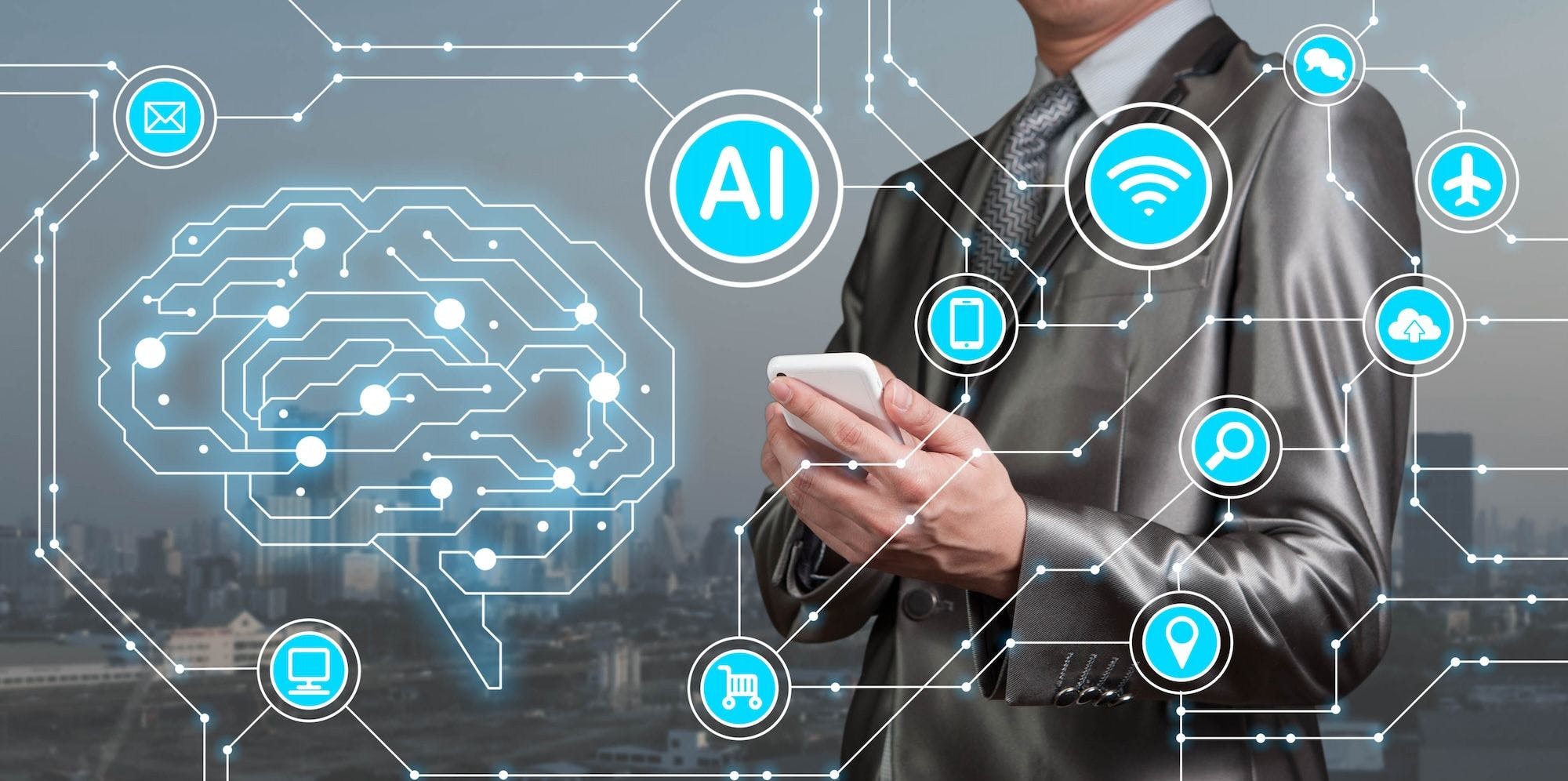 China Technologie, Wirtschaft, Fortschritt, Zukunftstechnologie, Innovation: Geschäftsmann verwenden Smartphone mit AI-Symbolen zusammen mit Technologie-Symbolen, Künstliche Intelligenz konzeptionell