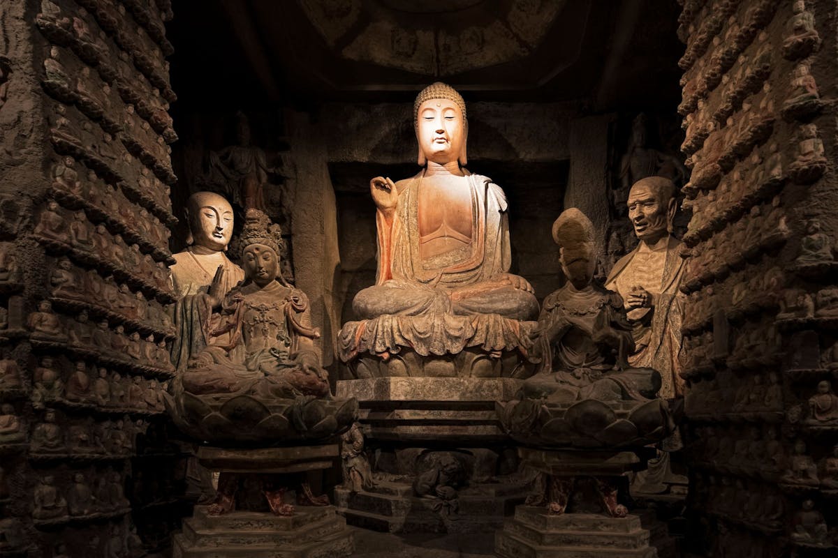 Stone Buddha and relics from the Zhongshan Grottoes in Zichang County displayed at the Shaanxi History Museum in Xian, Shaanxi Province in China