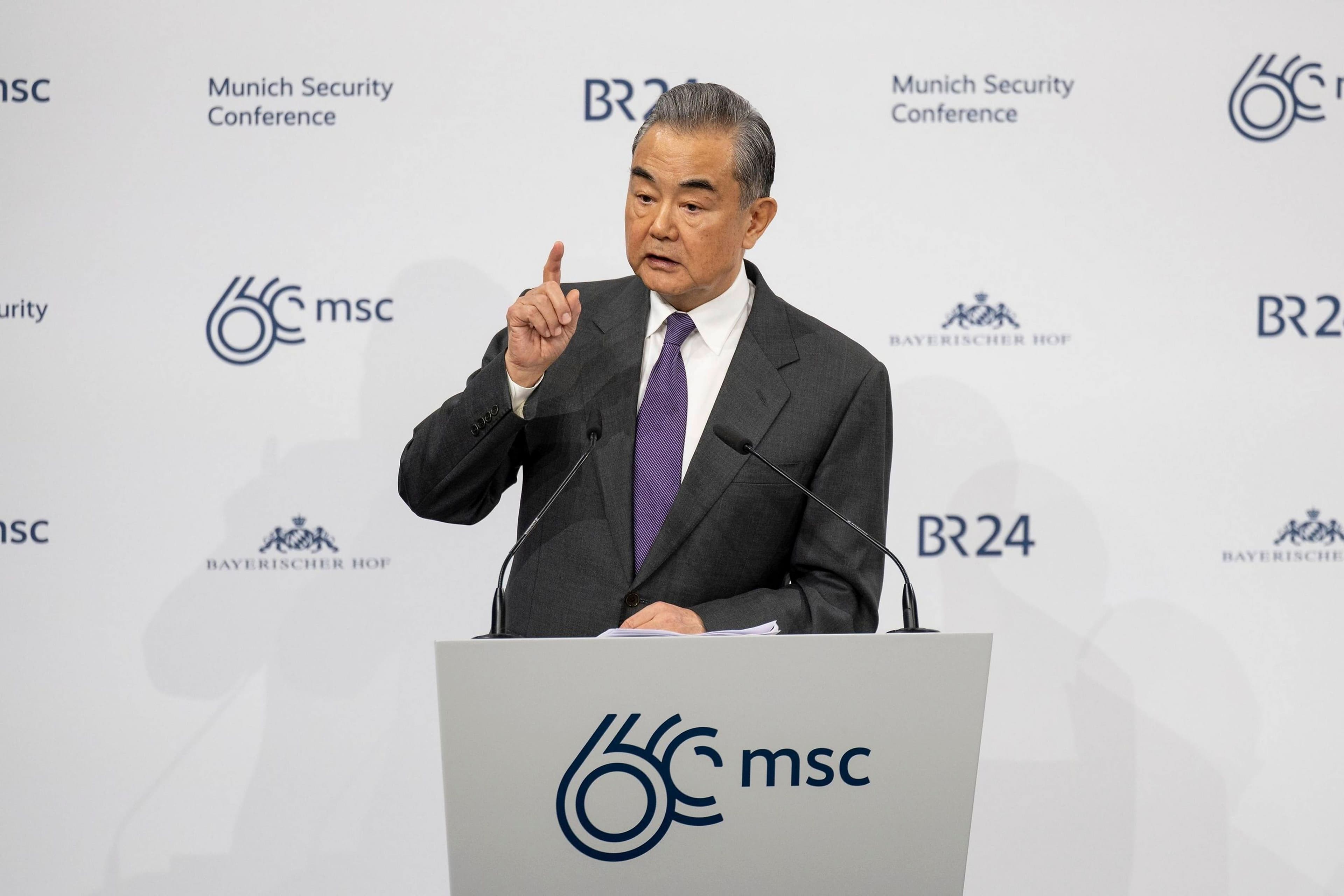 Chinese Foreign Minister Wang Yi discusses Ã¢â‚¬oeChina in the WorldÃ¢â‚¬Â on the main stage of the 60th Munich Security Conference at the Hotel Bayerischer Hof, February 17, 2024 in Munich, Germany.