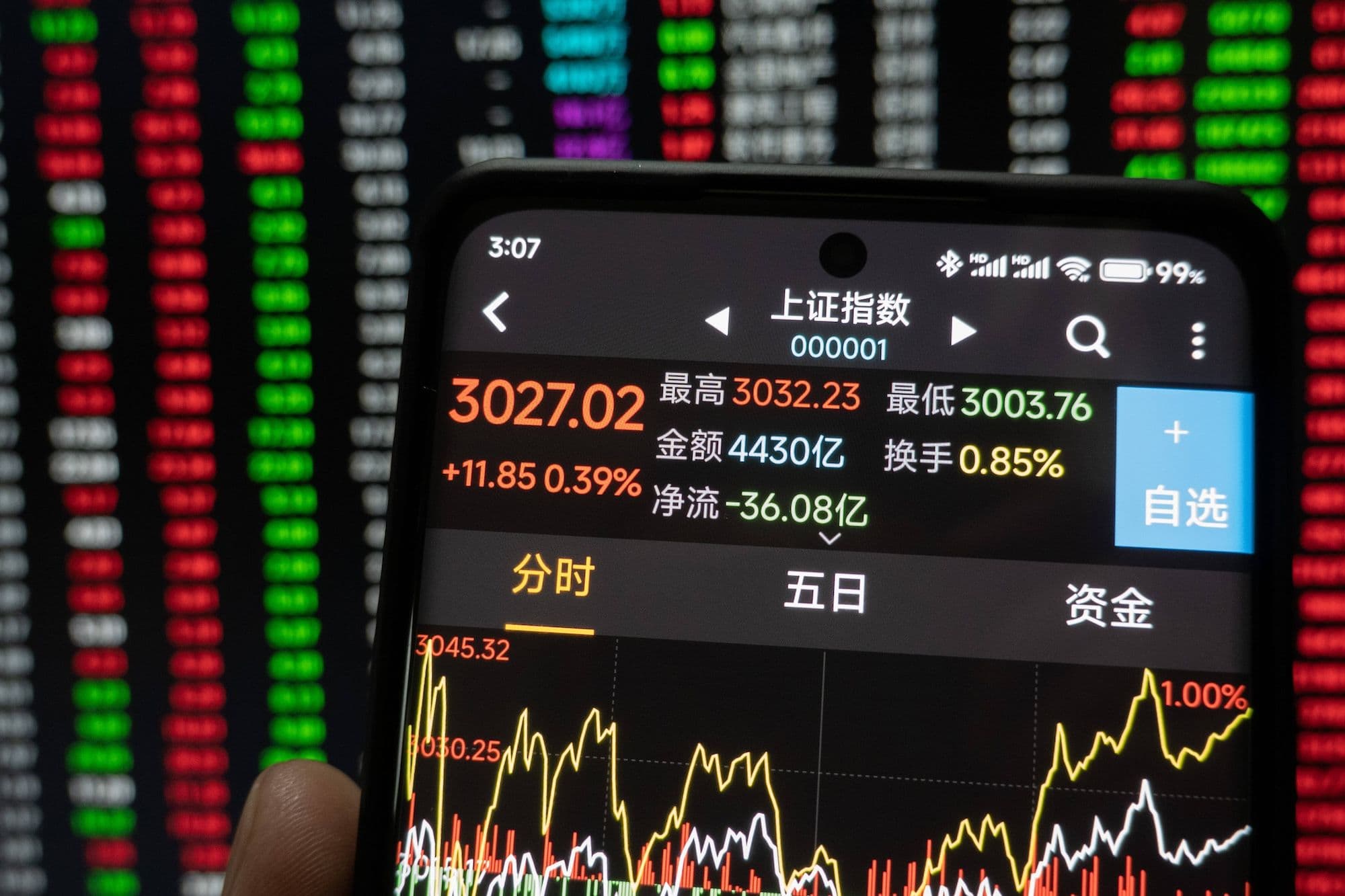 China Aktien: Täglicher Aktienmarkt in China Ein Aktionär prüft den Schlussstand des chinesischen A-Aktienindex auf seinem Mobiltelefon und seinem Computer in Shanghai, China,