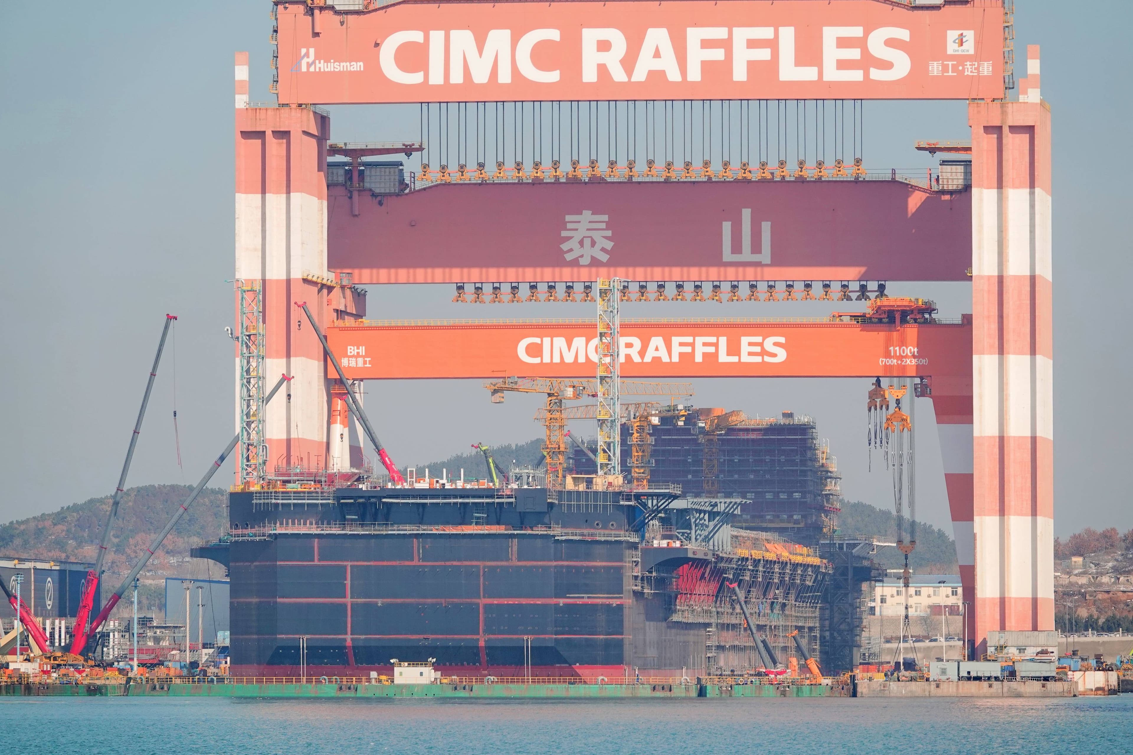 A floating production, storage and offloading vessel (FPSO) is built at CIMC Raffles Yantai base in Shandong province, China